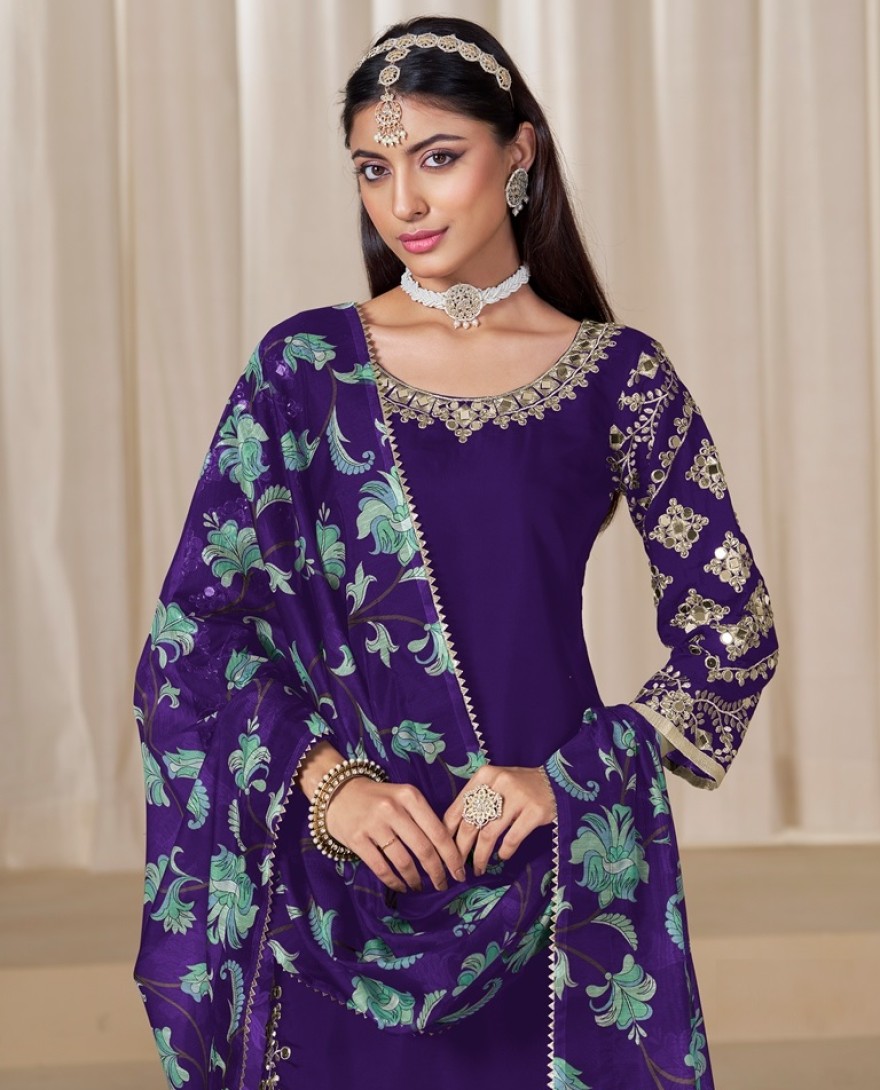 225-purple - Mirror Work Purple Embroidered Punjabi Suit